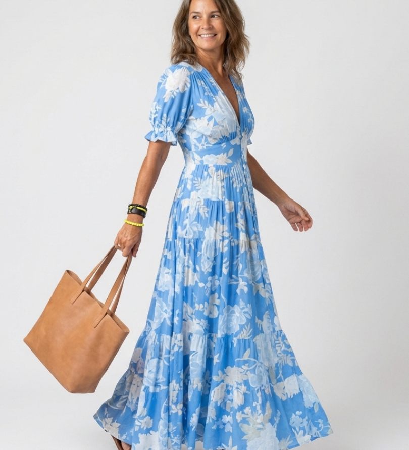 Juliette | Midi Dress with Floral Print, Short Sleeves, and V-Neck
