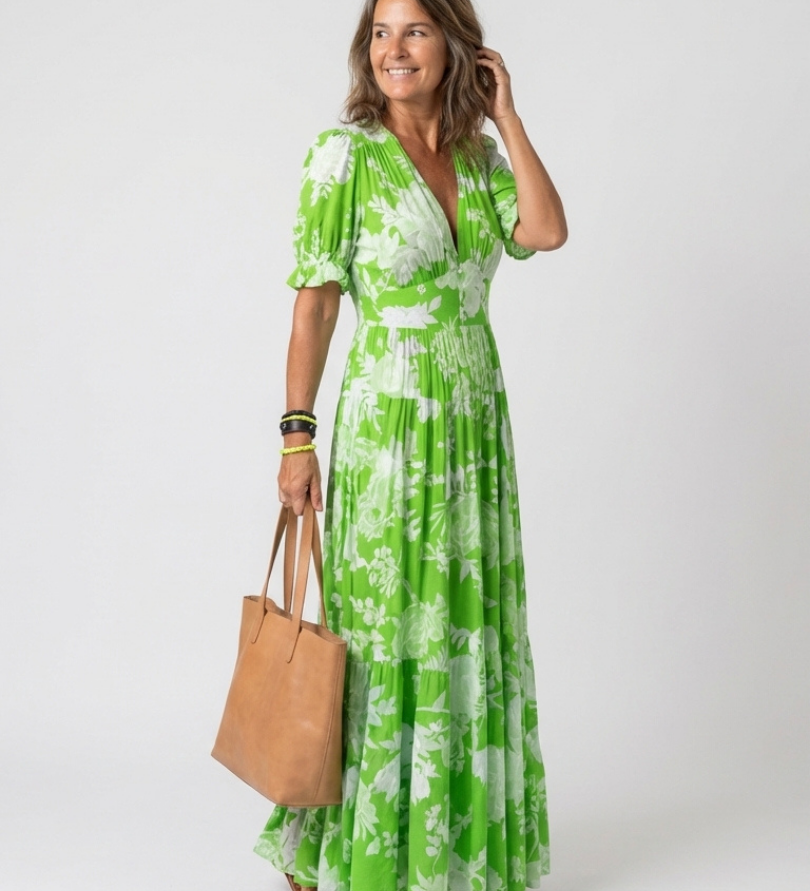 Juliette | Midi Dress with Floral Print, Short Sleeves, and V-Neck