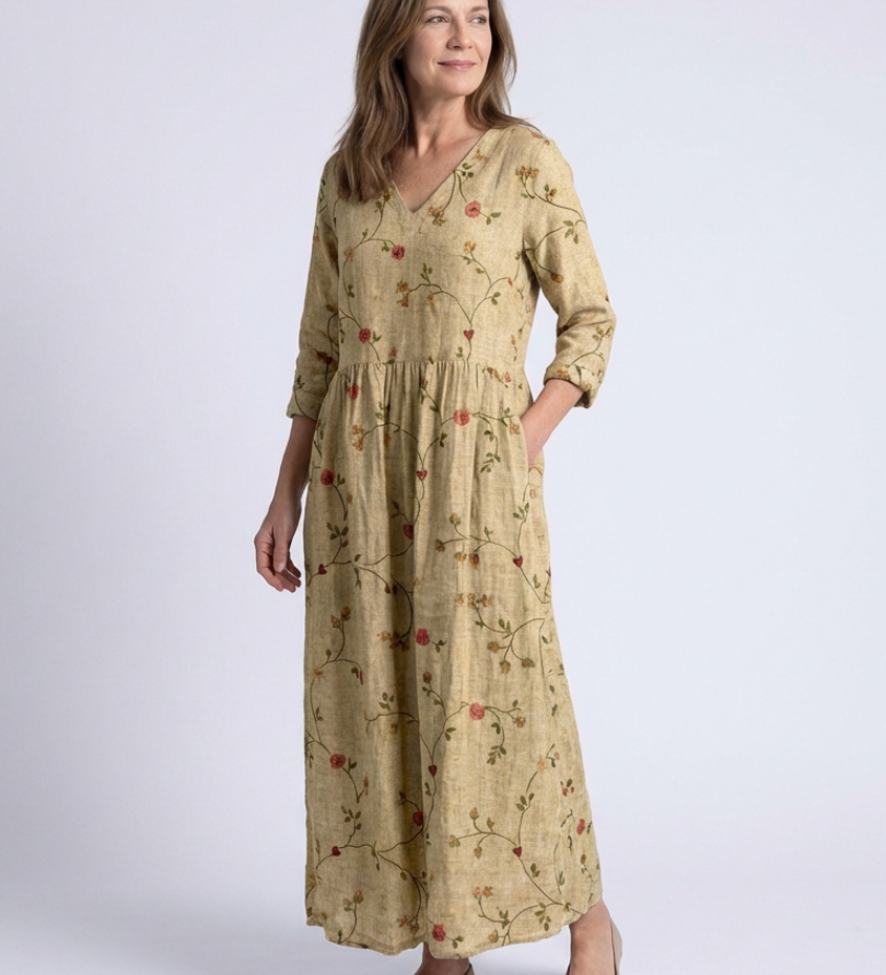 Varsovia Atelier | Valérie | SUKIENKA maxi floral com decote em V e mangas três quartos