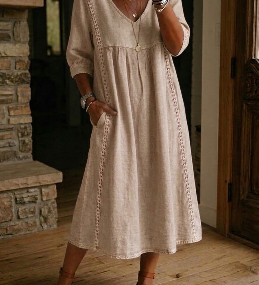 Aurélia | Midi Dress in Linen and Cotton with Lace Details