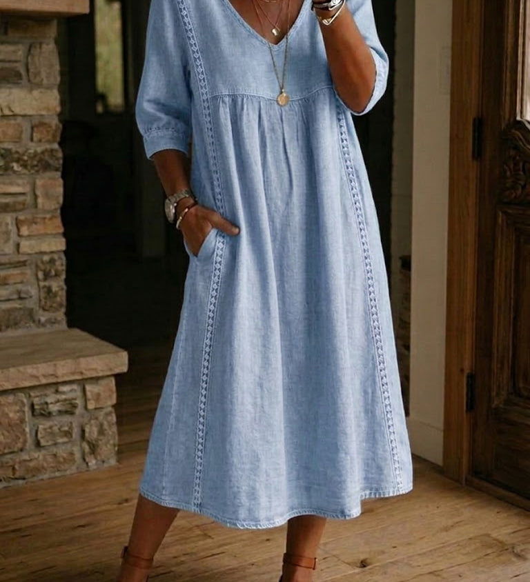 Aurélia | Midi Dress in Linen and Cotton with Lace Details