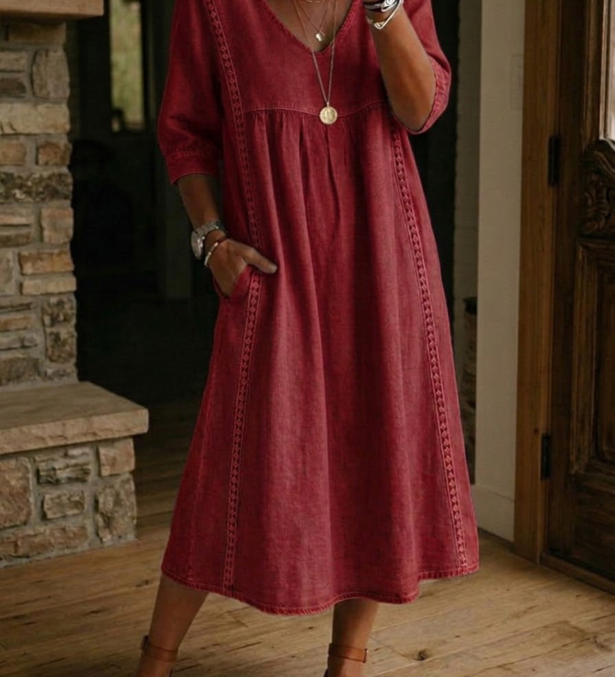 Aurélia | Midi Dress in Linen and Cotton with Lace Details
