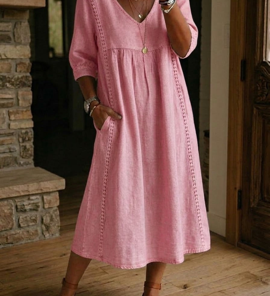 Aurélia | Midi Dress in Linen and Cotton with Lace Details