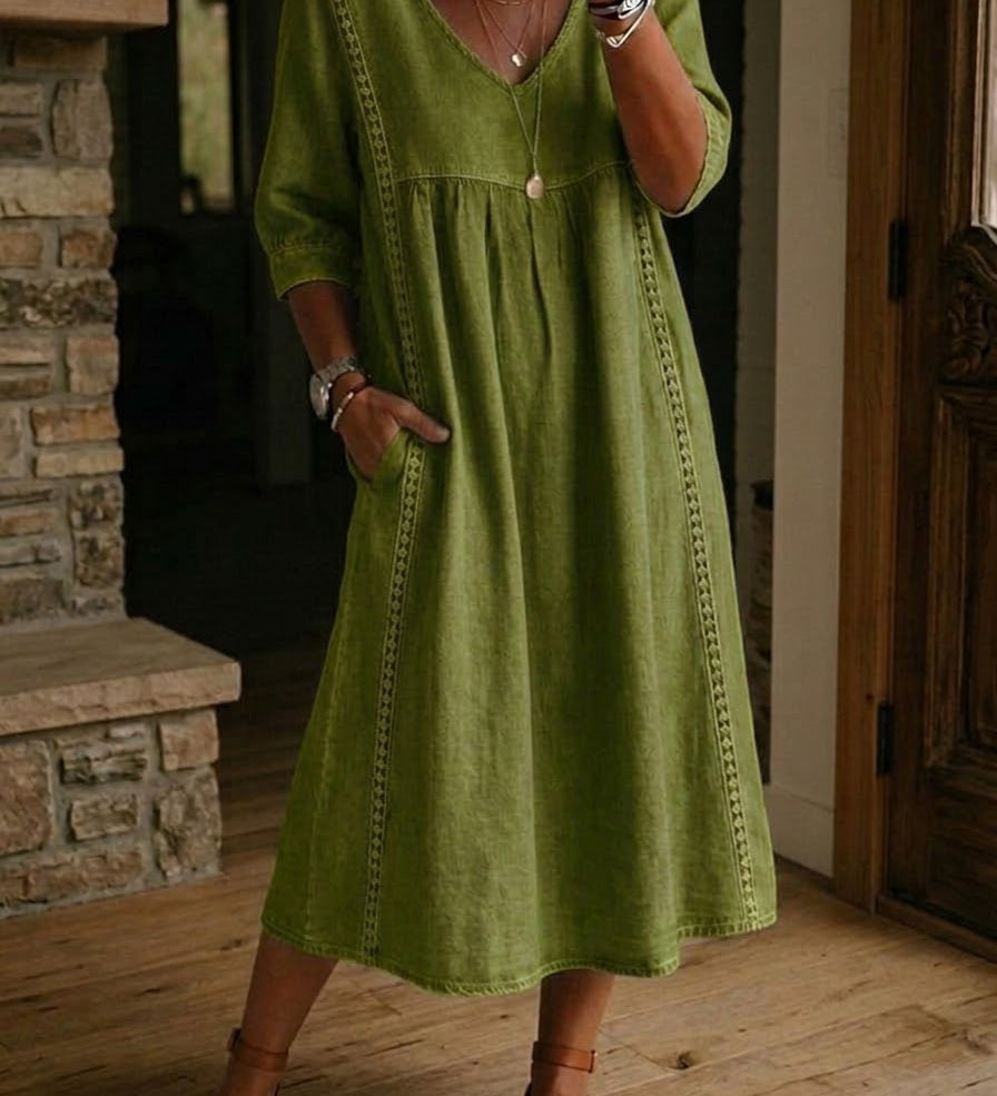 Aurélia | Midi Dress in Linen and Cotton with Lace Details